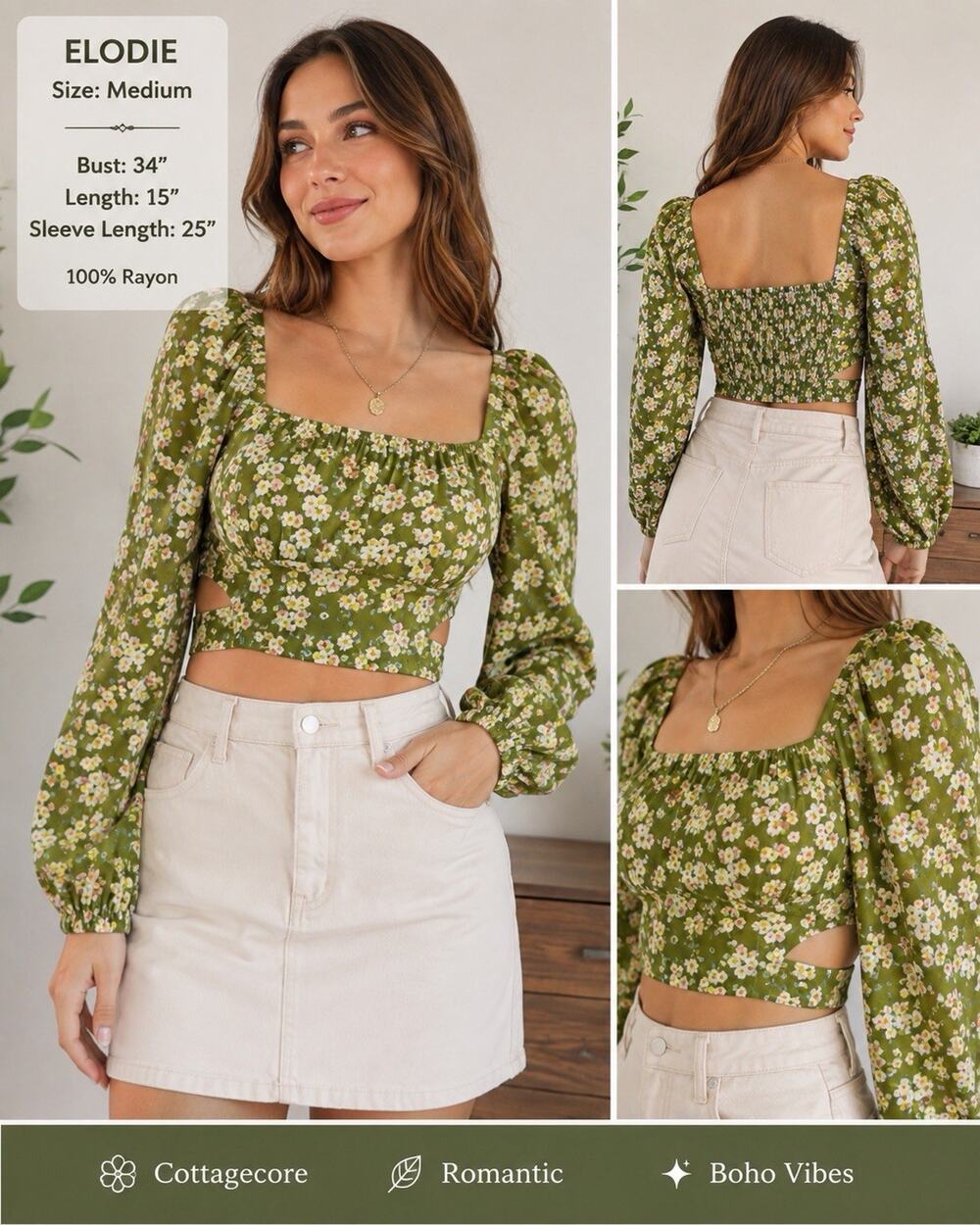 Elodie Blouse M Floral Green Rayon Crop Top Smocked Puff Sleeve Cottagecore EUC